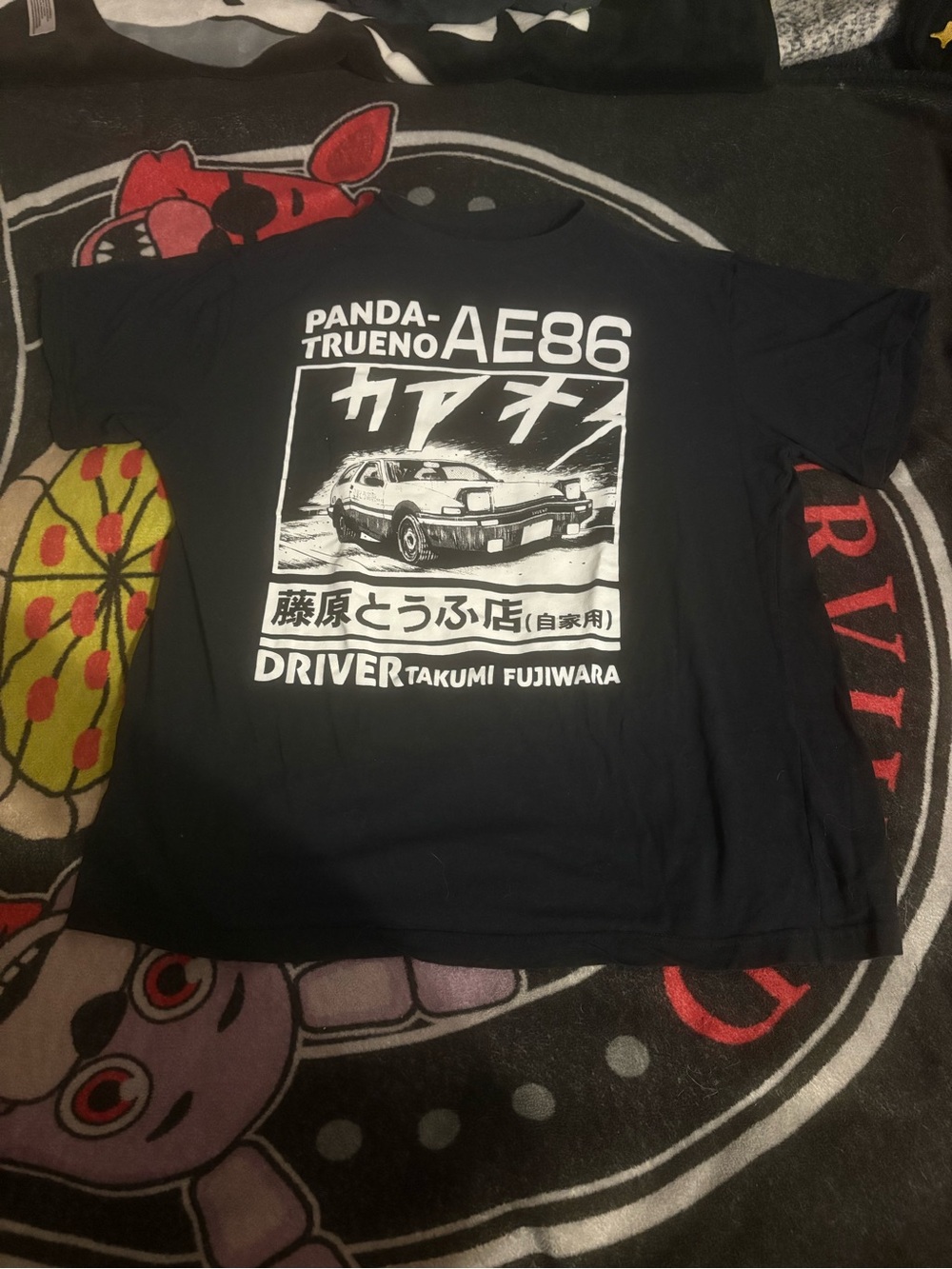 Black AE86 Panda Trueno with Driver Takumi Fujiwara Graphic Tee (Design on back)